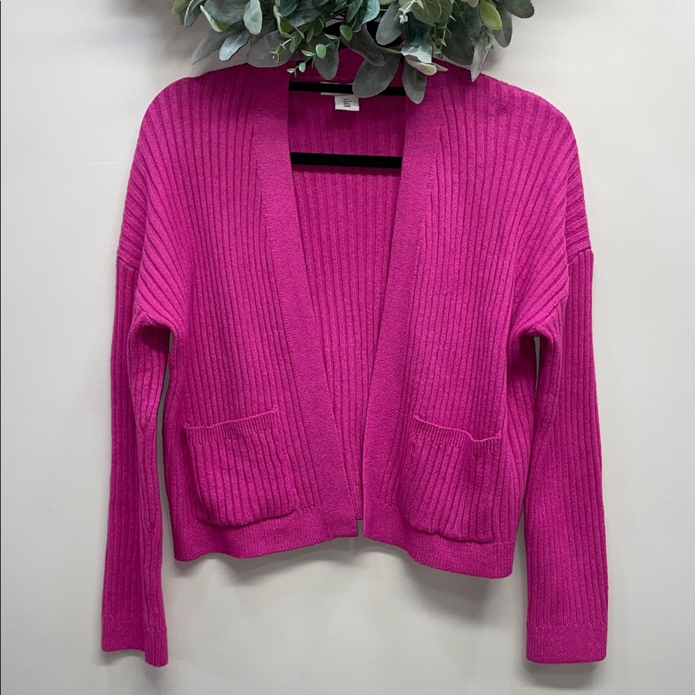 Sincerely Jules Open Front Cardigan Ribbed Knit Vibrant Pink Pockets L